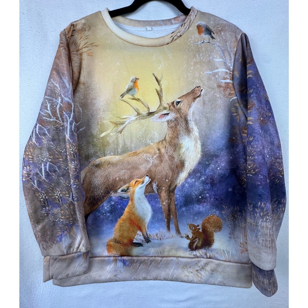 Unbranded Sweatshirt Women 2XL Deer/Fox‎ Forest Graphic Fleece Pullover